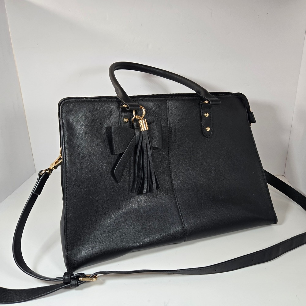 ECOSUSI Black Vegan Leather Laptop Briefcase Bag with Bow and Tassel Accent Mens